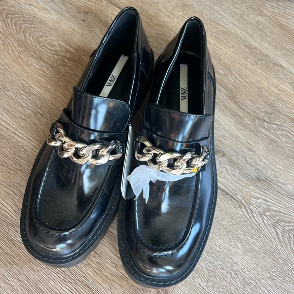 Zara Shoes - ZARA Black Patent Chain-Trim Loafers for Women